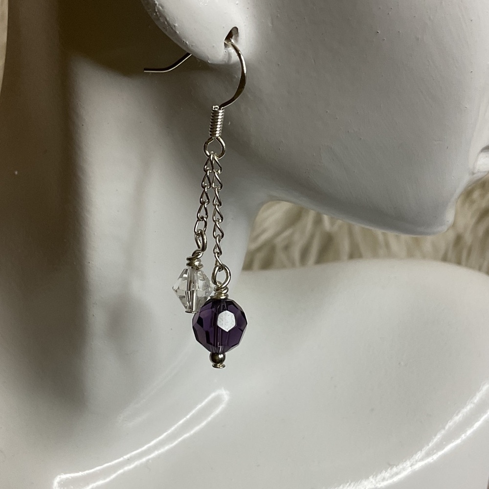 Pulse Design Handmade Purple Crystal Drop Earrings with Silver Chain